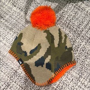 The North Face Kids Camo Beanie with Bright Orange Pom